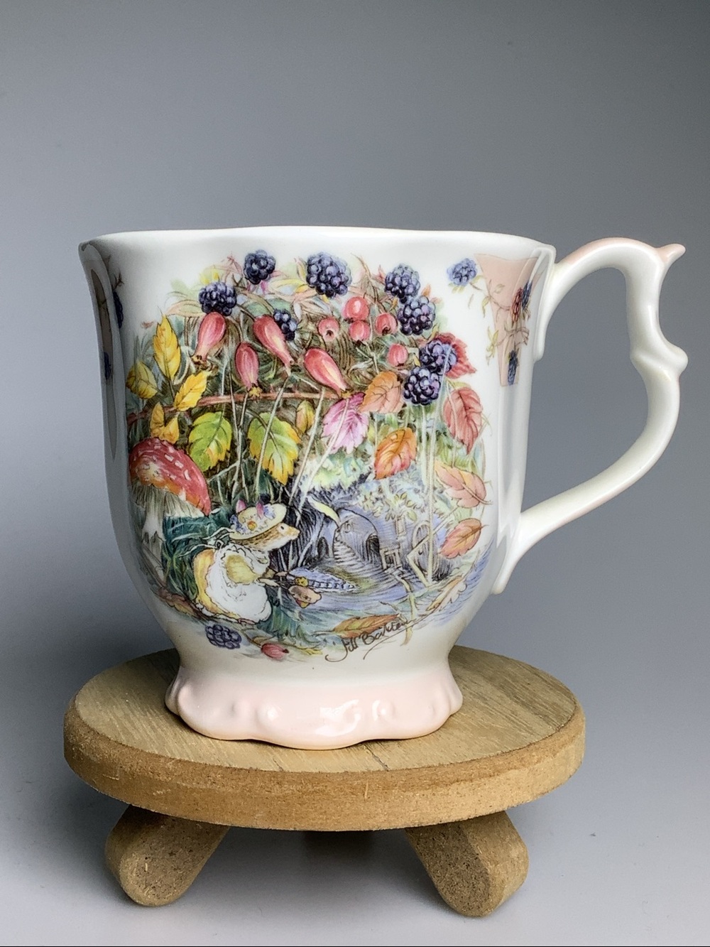 VTG Royal Doulton Autumn Beaker White Mug w Mouse Mushrooms & Blackberries